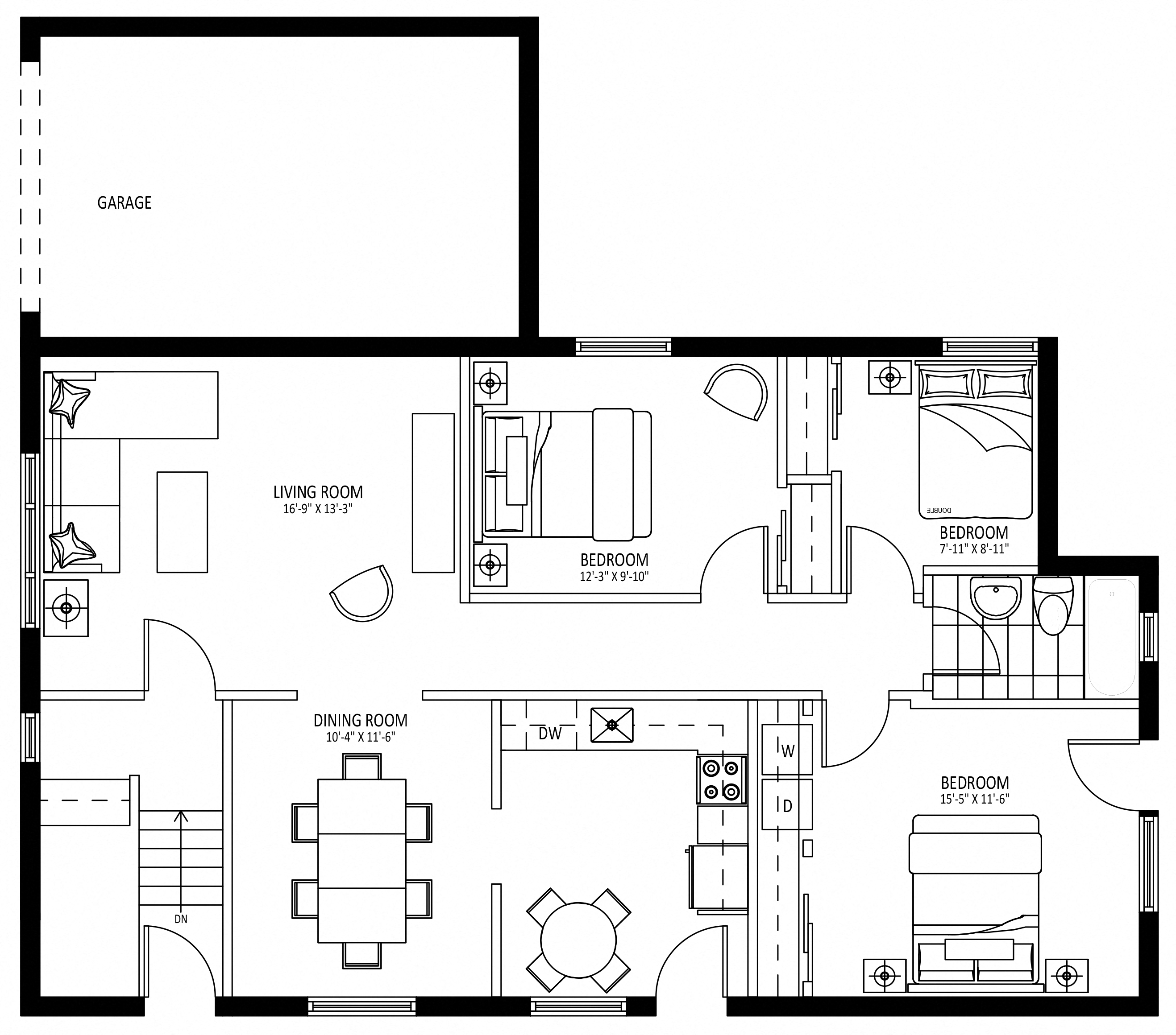 Floor plan for 3 beds, 1 bath, 1000 sqft